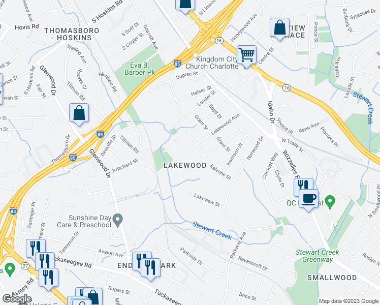 map of restaurants, bars, coffee shops, grocery stores, and more near 417 Lakewood Avenue in Charlotte