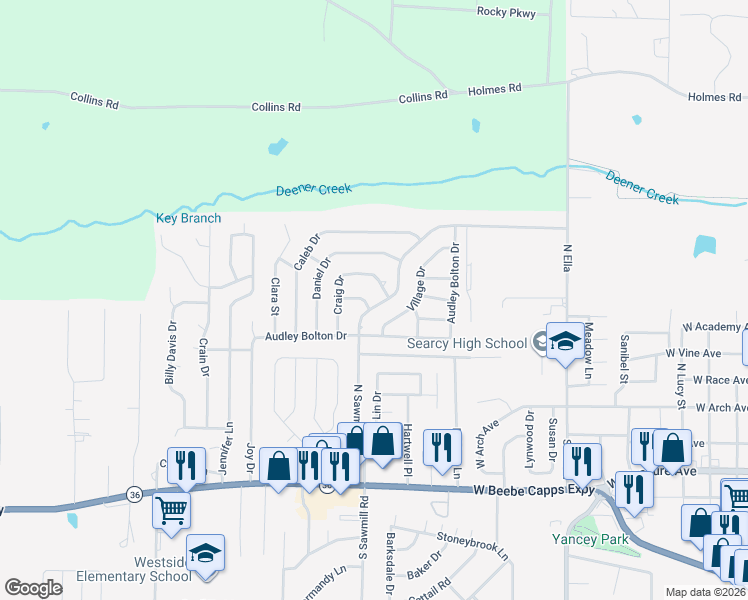 map of restaurants, bars, coffee shops, grocery stores, and more near 424 Craig Drive in Searcy