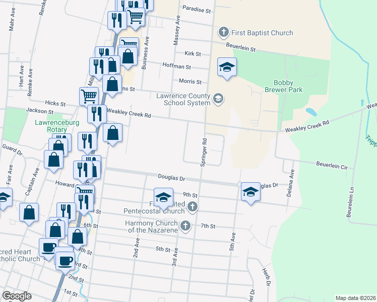 map of restaurants, bars, coffee shops, grocery stores, and more near 1208 Toben Terrace in Lawrenceburg