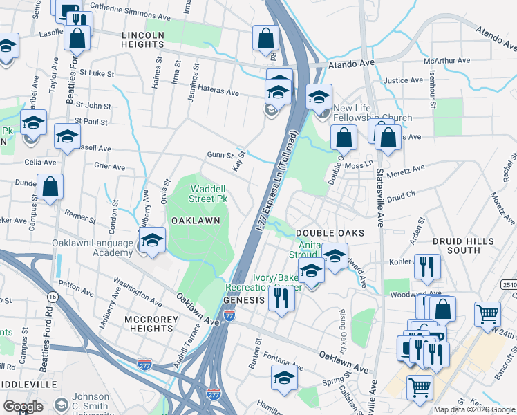 map of restaurants, bars, coffee shops, grocery stores, and more near 1438 Dean Street in Charlotte