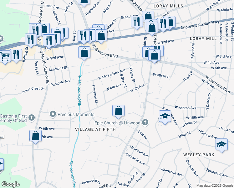 map of restaurants, bars, coffee shops, grocery stores, and more near 1617 West 4th Avenue in Gastonia