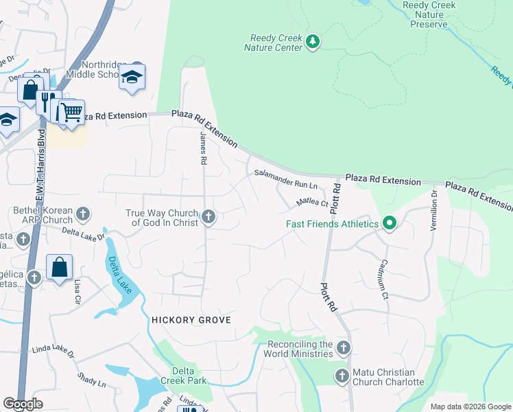 map of restaurants, bars, coffee shops, grocery stores, and more near 2752 Bramble Ridge Court in Charlotte