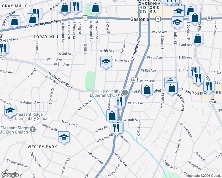 map of restaurants, bars, coffee shops, grocery stores, and more near 515 West 6th Avenue in Gastonia