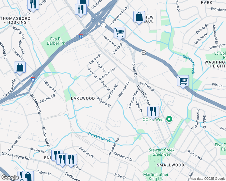 map of restaurants, bars, coffee shops, grocery stores, and more near 232 Harrison Street in Charlotte