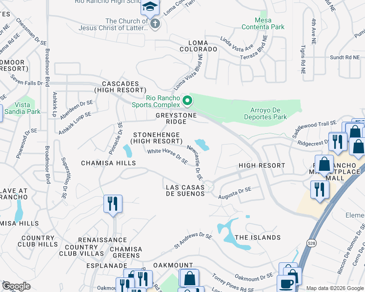 map of restaurants, bars, coffee shops, grocery stores, and more near 3533 Newcastle Drive Southeast in Rio Rancho