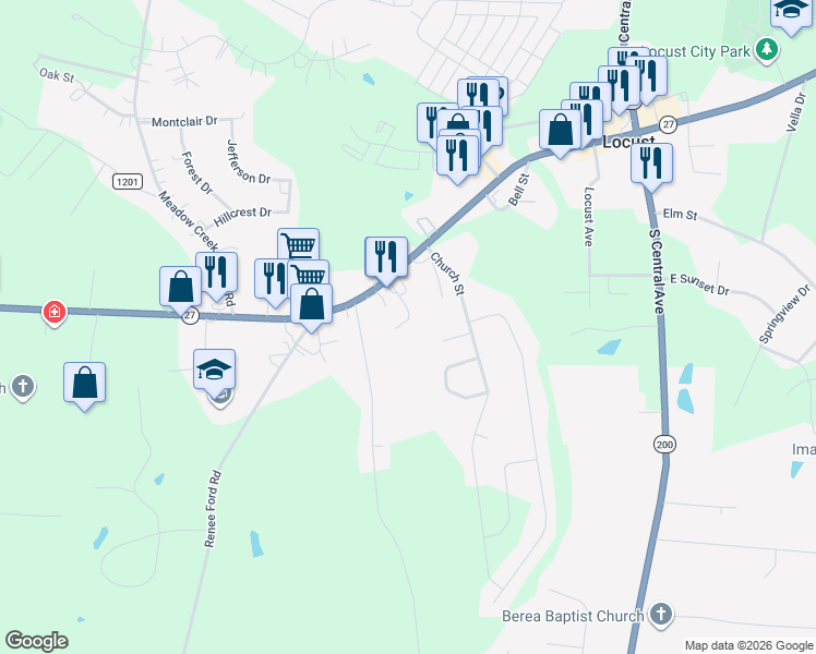 map of restaurants, bars, coffee shops, grocery stores, and more near 719 West Main Street in Locust