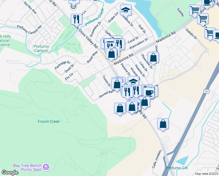 map of restaurants, bars, coffee shops, grocery stores, and more near 1791 Tonini Drive in San Luis Obispo