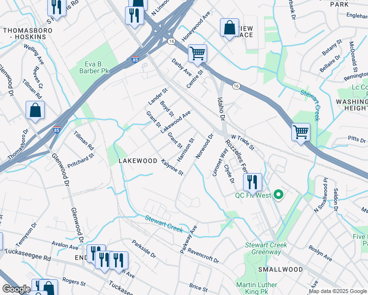 map of restaurants, bars, coffee shops, grocery stores, and more near 232 Harrison Street in Charlotte