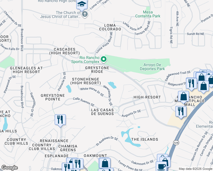 map of restaurants, bars, coffee shops, grocery stores, and more near 3533 Newcastle Drive Southeast in Rio Rancho