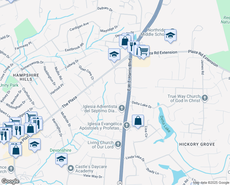 map of restaurants, bars, coffee shops, grocery stores, and more near 4535 John Penn Circle in Charlotte