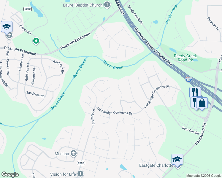 map of restaurants, bars, coffee shops, grocery stores, and more near 10313 Battle Court in Charlotte