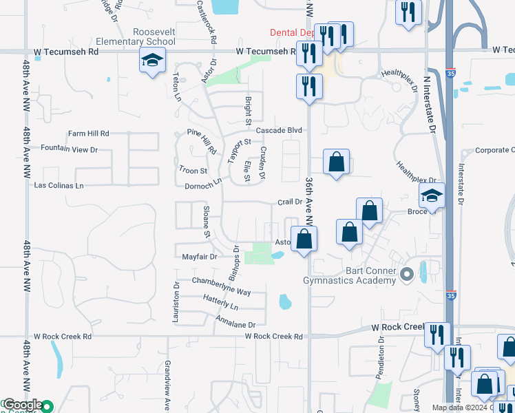 map of restaurants, bars, coffee shops, grocery stores, and more near 3716 Crail Drive in Norman