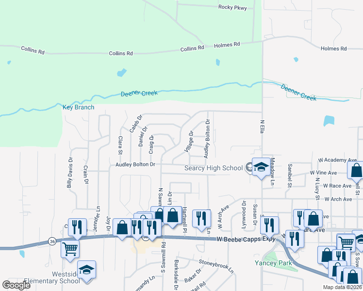 map of restaurants, bars, coffee shops, grocery stores, and more near 424 Craig Drive in Searcy