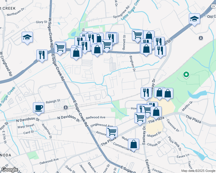 map of restaurants, bars, coffee shops, grocery stores, and more near 4357 Raleigh Street in Charlotte