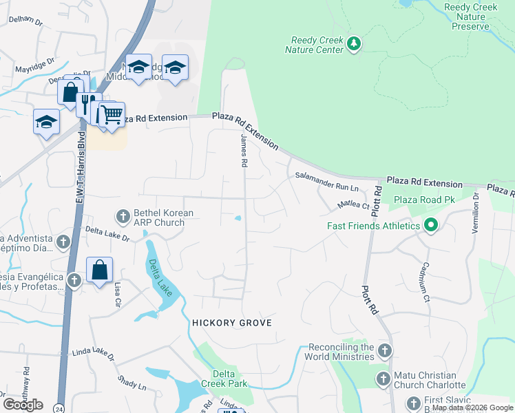 map of restaurants, bars, coffee shops, grocery stores, and more near 2835 James Road in Charlotte