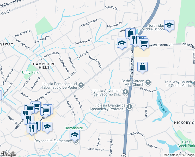 map of restaurants, bars, coffee shops, grocery stores, and more near 6834 The Plaza in Charlotte