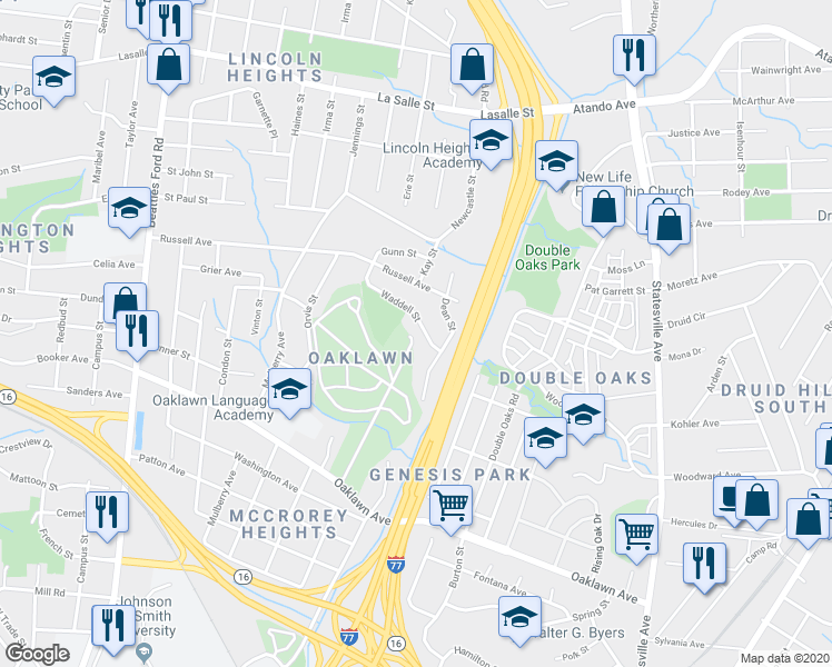 map of restaurants, bars, coffee shops, grocery stores, and more near 1435 Waddell Street in Charlotte