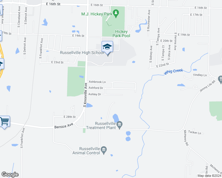 map of restaurants, bars, coffee shops, grocery stores, and more near 302 Ashbrook Lane in Russellville