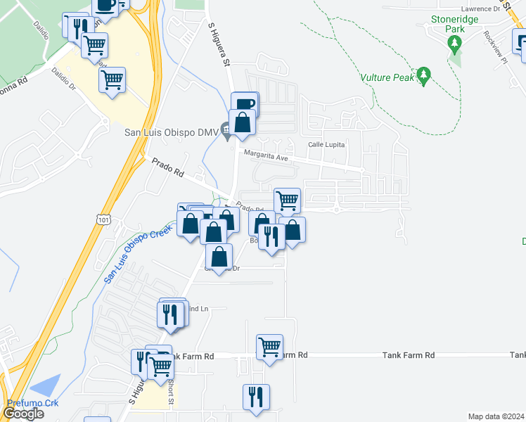 map of restaurants, bars, coffee shops, grocery stores, and more near Prado Road in San Luis Obispo