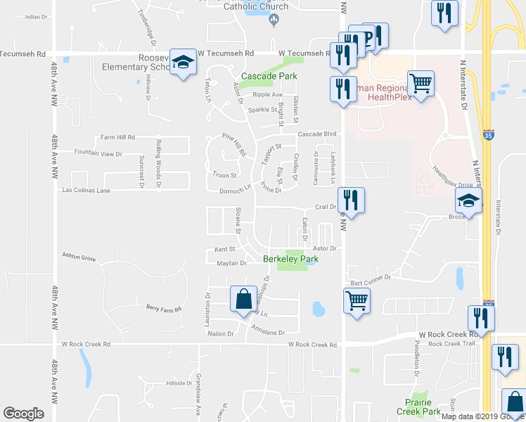map of restaurants, bars, coffee shops, grocery stores, and more near 3820 Crail Drive in Norman