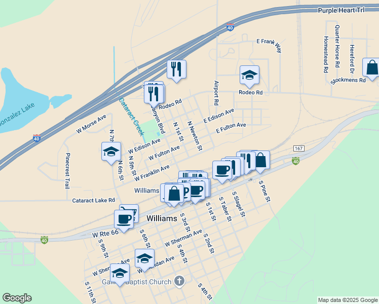 map of restaurants, bars, coffee shops, grocery stores, and more near 142 East Fulton Avenue in Williams