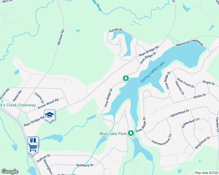 map of restaurants, bars, coffee shops, grocery stores, and more near 191 Pine Ridge Drive in Whispering Pines