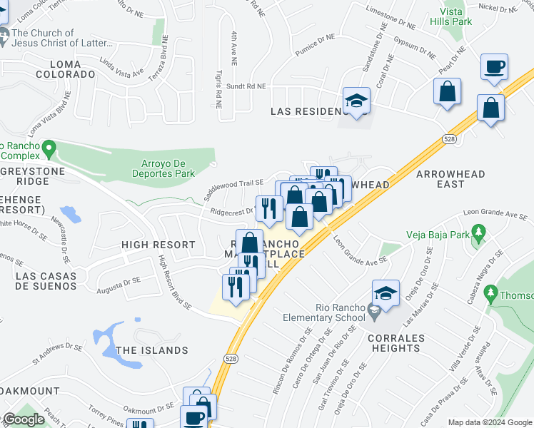 map of restaurants, bars, coffee shops, grocery stores, and more near Ridgeway Court in Rio Rancho