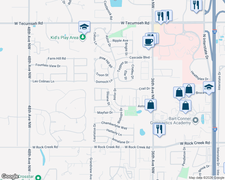 map of restaurants, bars, coffee shops, grocery stores, and more near 2916 Astor Drive in Norman
