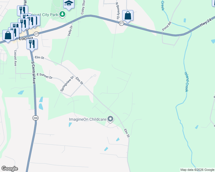 map of restaurants, bars, coffee shops, grocery stores, and more near 605 Elm Street in Locust