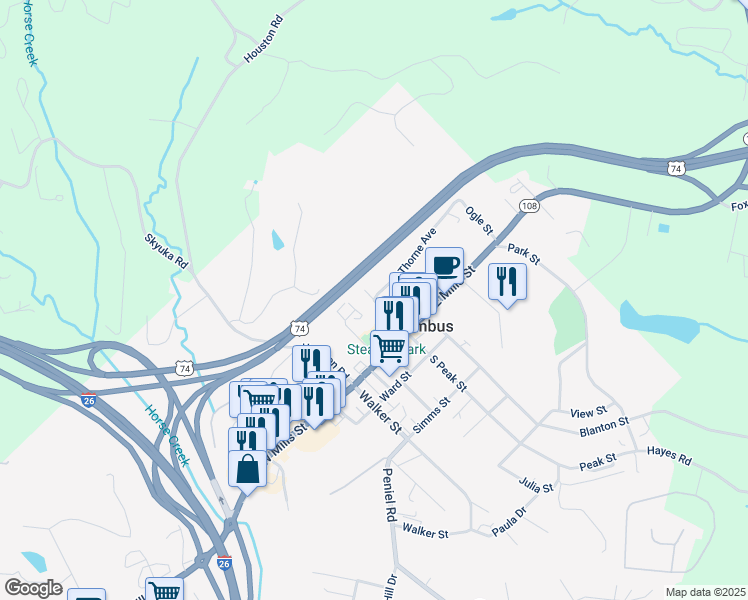 map of restaurants, bars, coffee shops, grocery stores, and more near North Peak Street in Columbus