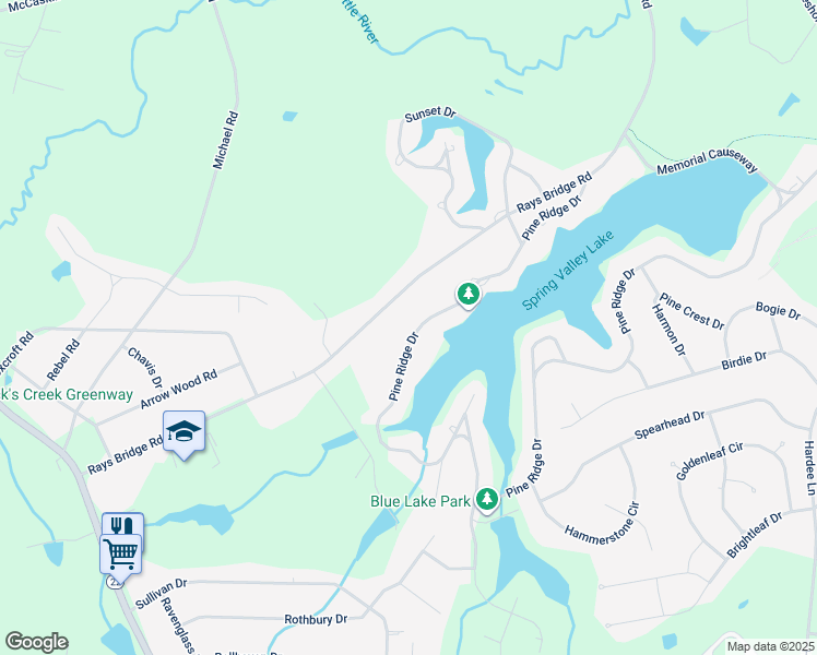 map of restaurants, bars, coffee shops, grocery stores, and more near 191 Pine Ridge Drive in Whispering Pines