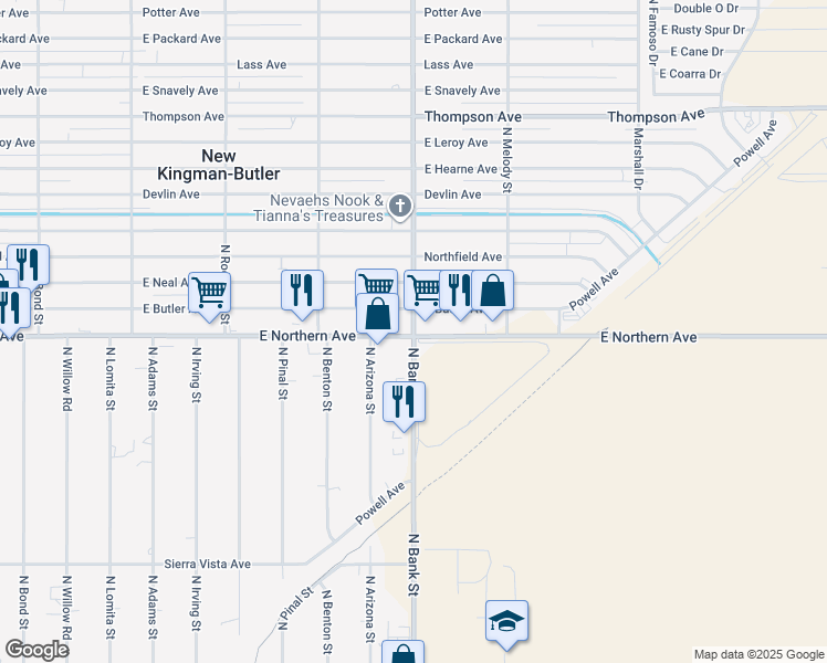 map of restaurants, bars, coffee shops, grocery stores, and more near North Bank Street in Kingman