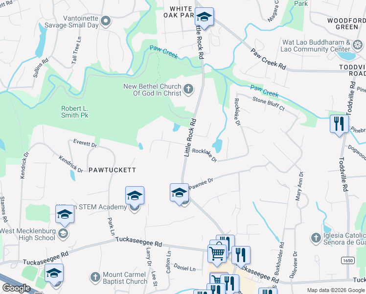 map of restaurants, bars, coffee shops, grocery stores, and more near 1806 Little Rock Road in Charlotte