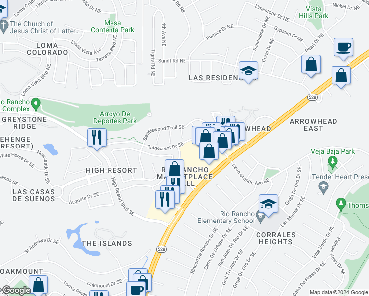 map of restaurants, bars, coffee shops, grocery stores, and more near 4213 Ridgeway Court in Rio Rancho