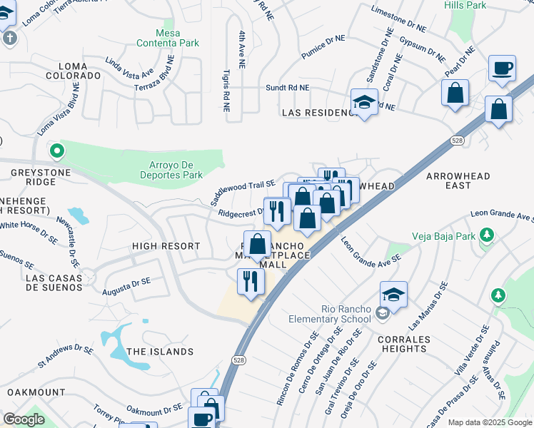 map of restaurants, bars, coffee shops, grocery stores, and more near 4213 Ridgeway Court in Rio Rancho