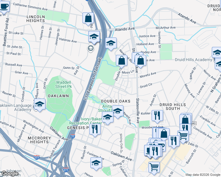 map of restaurants, bars, coffee shops, grocery stores, and more near 2501 Double Oaks Road in Charlotte