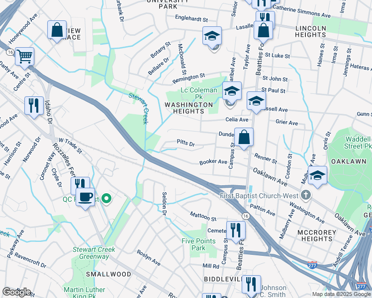 map of restaurants, bars, coffee shops, grocery stores, and more near 1015 Pitts Drive in Charlotte