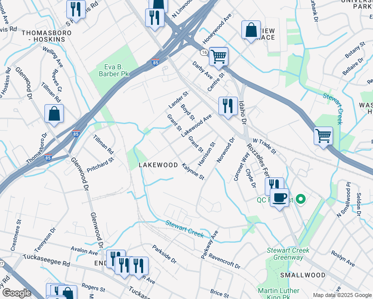 map of restaurants, bars, coffee shops, grocery stores, and more near 315 Lakewood Avenue in Charlotte
