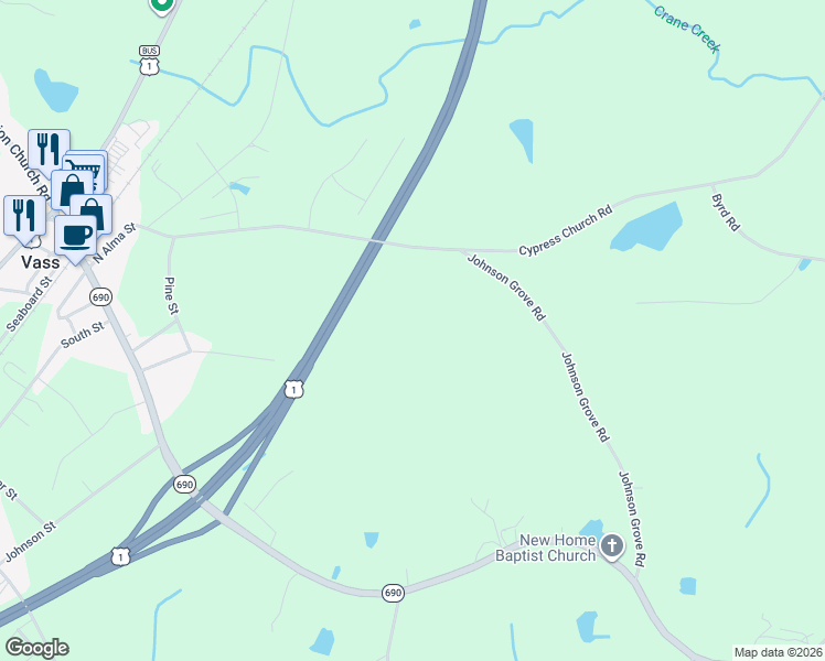 map of restaurants, bars, coffee shops, grocery stores, and more near 361 North Alma Street in Vass