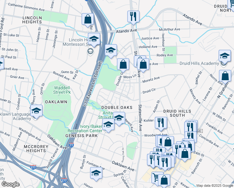 map of restaurants, bars, coffee shops, grocery stores, and more near 1233 Moss Street in Charlotte