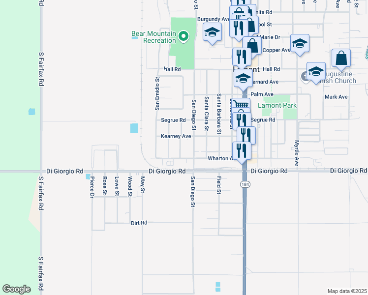 map of restaurants, bars, coffee shops, grocery stores, and more near 11005 San Gorgonio Street in Lamont