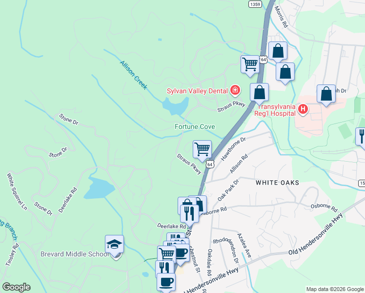 map of restaurants, bars, coffee shops, grocery stores, and more near 73 Ridgetop Circle in Brevard