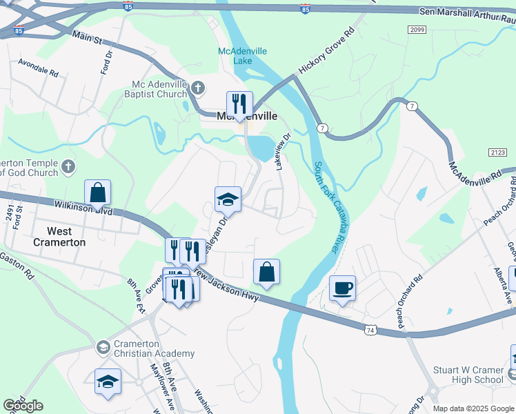 map of restaurants, bars, coffee shops, grocery stores, and more near 133 Church Street in McAdenville