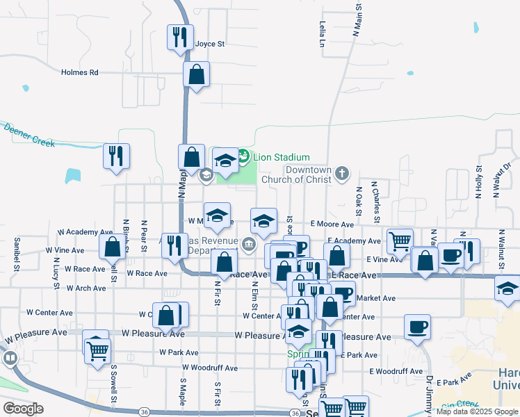 map of restaurants, bars, coffee shops, grocery stores, and more near 710 North Elm Street in Searcy