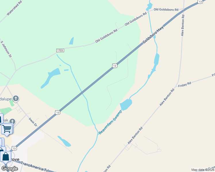 map of restaurants, bars, coffee shops, grocery stores, and more near 398 Mary Marsh Lane in Newton Grove