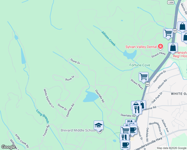 map of restaurants, bars, coffee shops, grocery stores, and more near 83 Stone Drive in Brevard