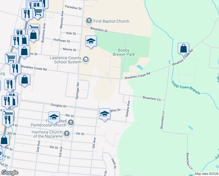 map of restaurants, bars, coffee shops, grocery stores, and more near 469 Weakley Creek Road in Lawrenceburg