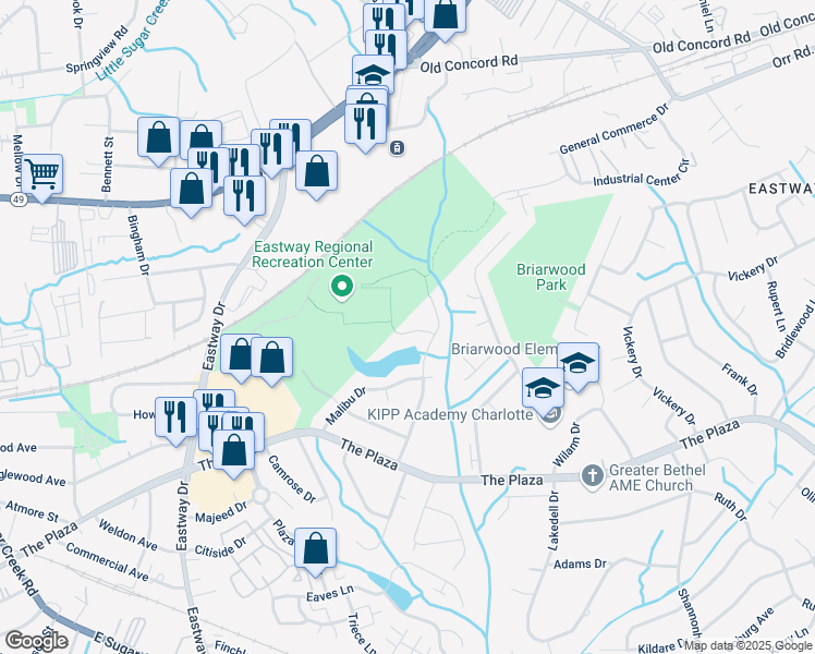 map of restaurants, bars, coffee shops, grocery stores, and more near 5001 Lakecrest Drive in Charlotte