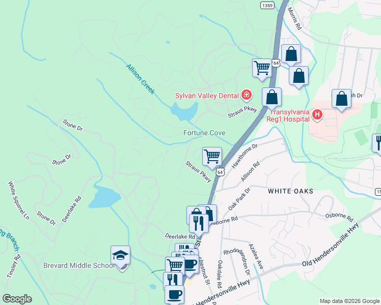 map of restaurants, bars, coffee shops, grocery stores, and more near 73 Ridgetop Circle in Brevard