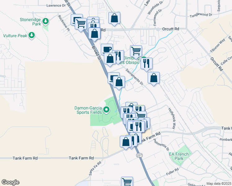 map of restaurants, bars, coffee shops, grocery stores, and more near 3594 Broad Street in San Luis Obispo